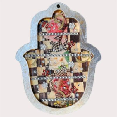 Silver Framed Hamsa – Checkered Vintage Art with Floral Accents